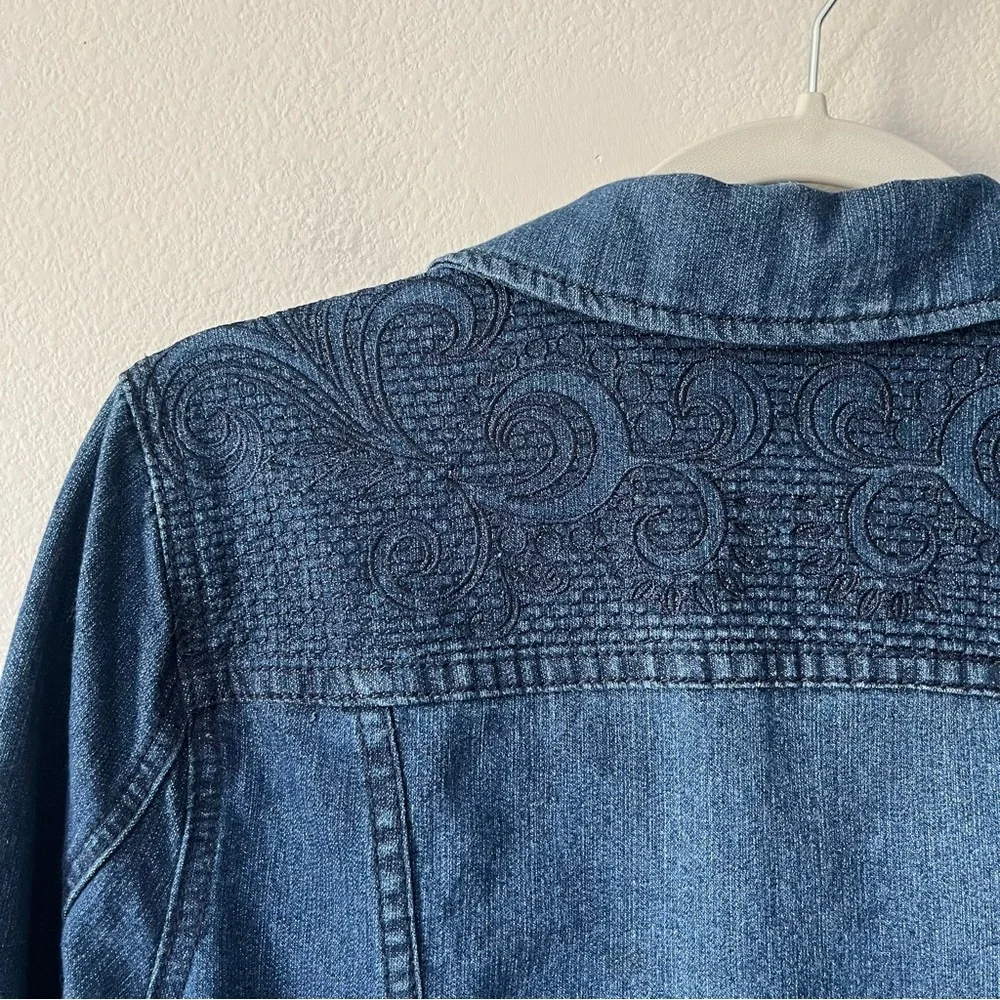 Christopher and Banks Embroidered Scroll Print Denim Jean Jacket Blue Medium?